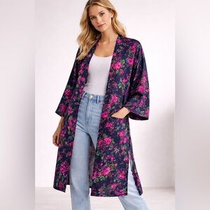 MISA Los Angeles Floral Silk Kimono Jacket Navy Pink Green Duster Robe Style